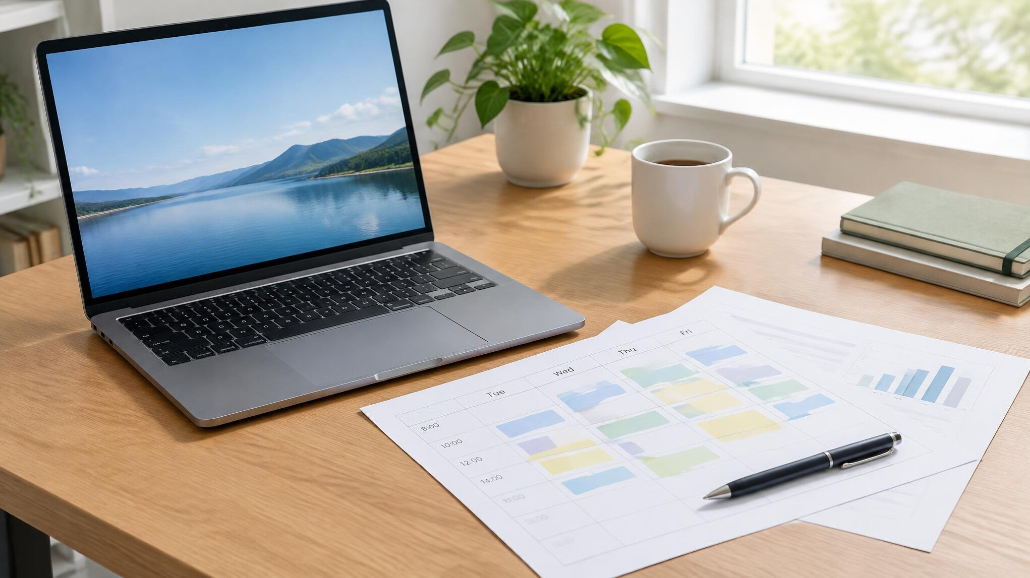 Laptop and printed documents on a desk with a pen