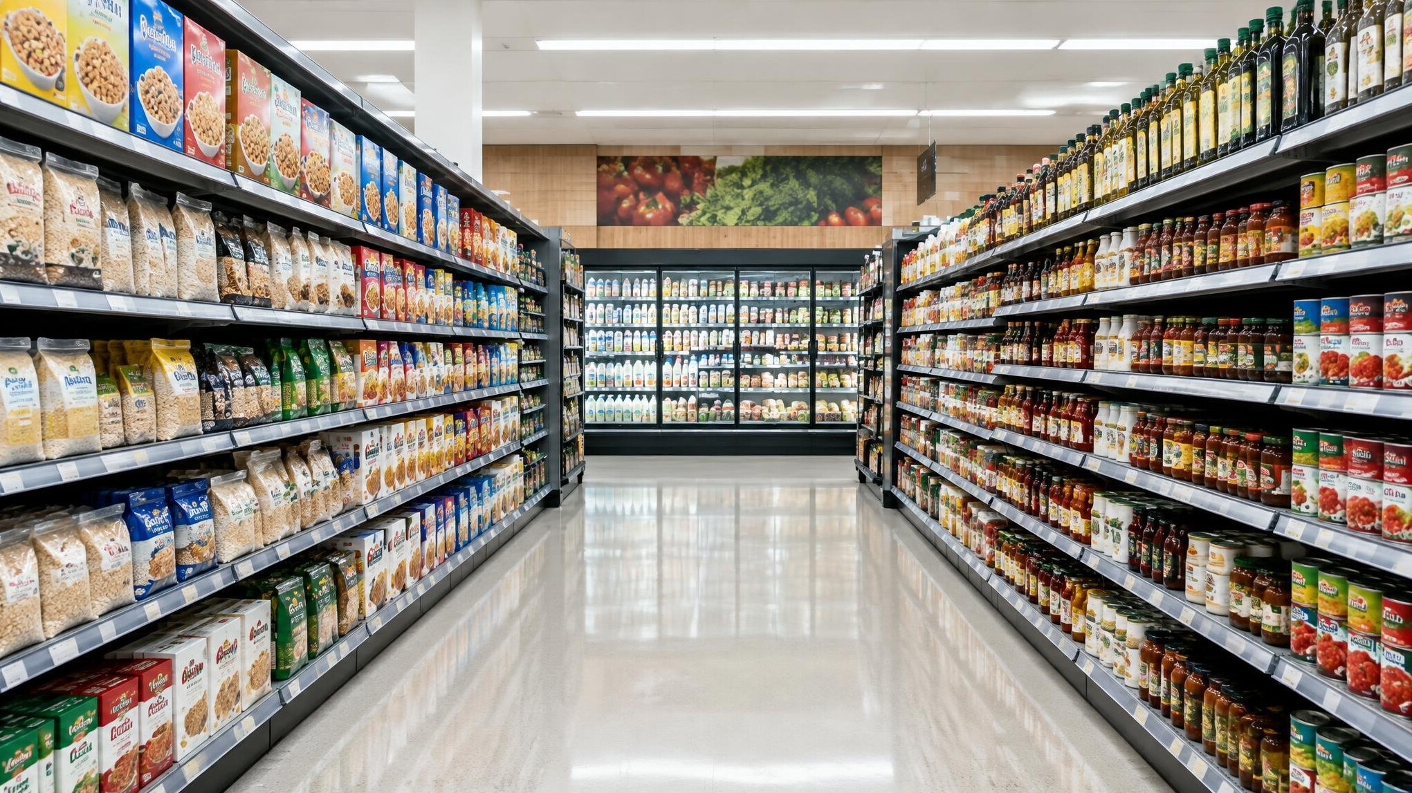 Well-stocked supermarket shelves in an aisle