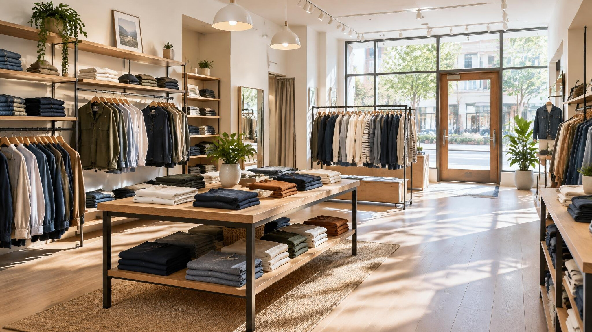Bright modern clothing store interior with neatly arranged shelves