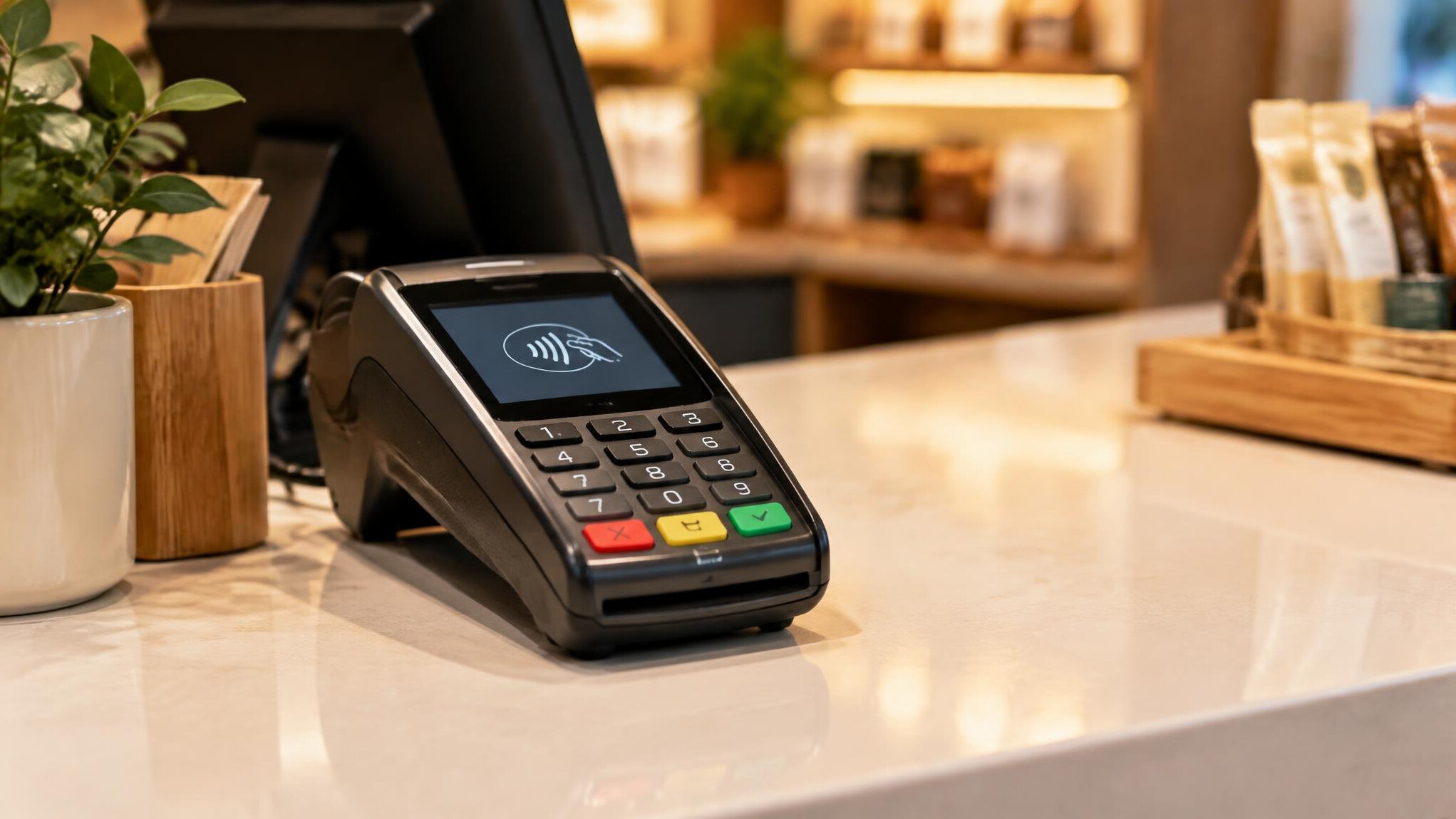 Card payment terminal on a shop counter