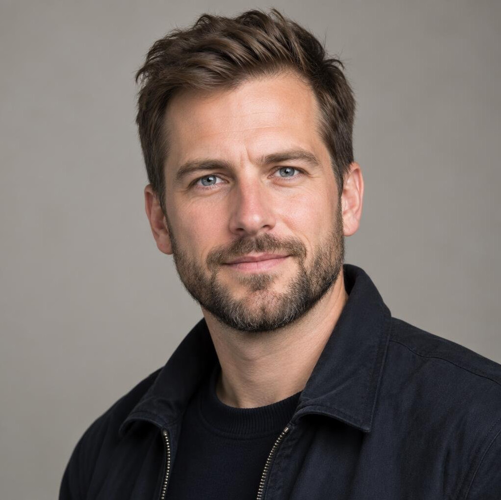 Portrait of a bearded man with a calm expression