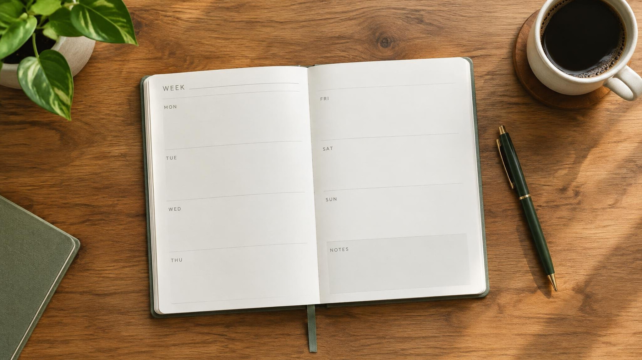 Paper planner and calendar on a wooden desk