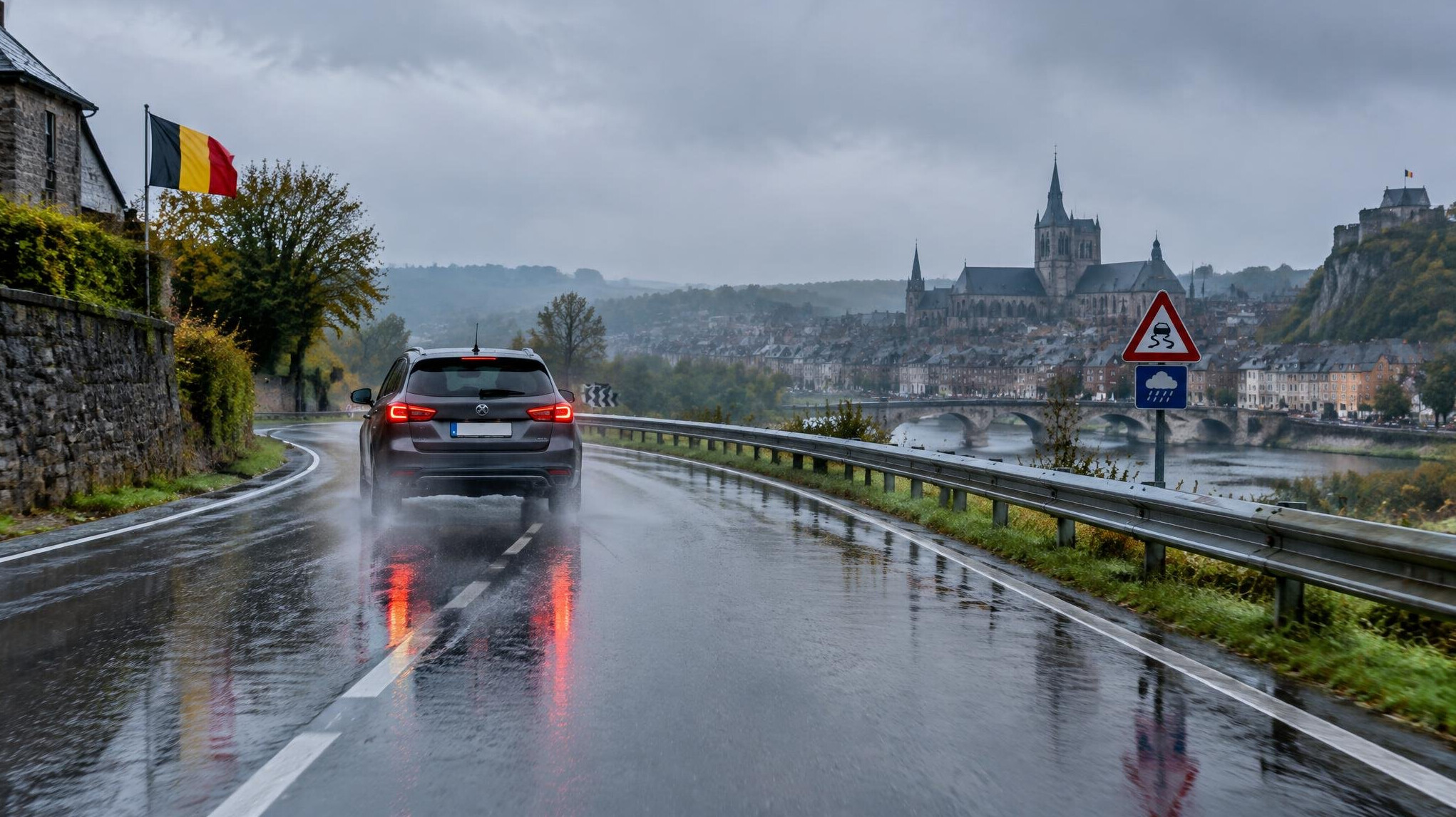 Car parked on a rainy street