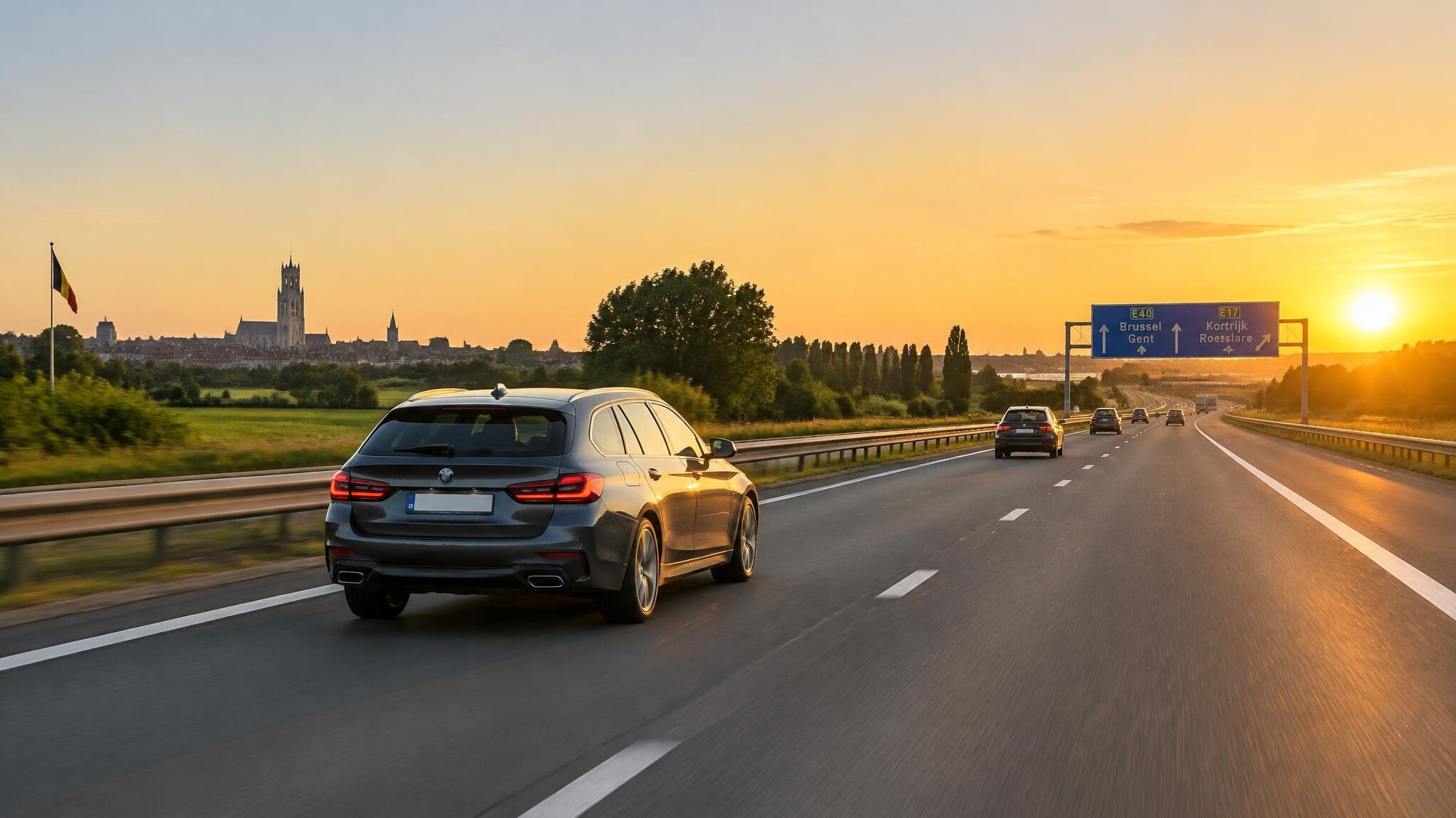Car driving on a highway at sunset